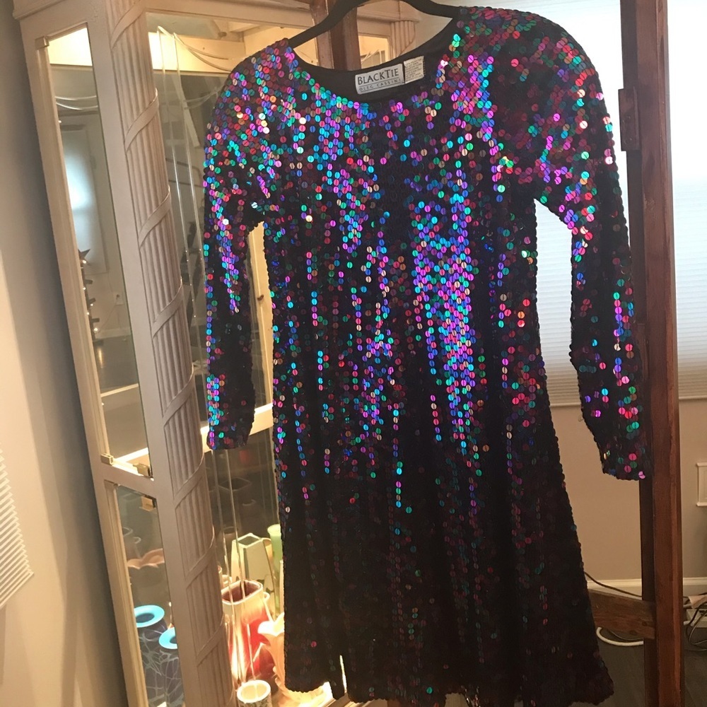 Vintage Black Tie Oleg Cassini Sequin Cocktail Party Dress - Picture 4 of 8